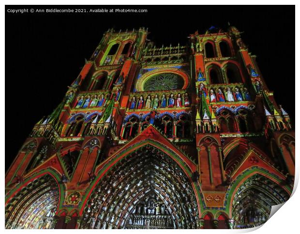 Disguised in colorful lights is Amiens Cathedral Print by Ann Biddlecombe