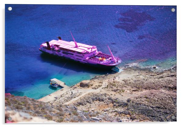 Crete, Greece: A cruise ship docked in Imeri Gramvousa in the small uninhabited islands off the coast of a peninsula also known Gramvousa Peninsula in the regional unit of Chania Acrylic by Arpan Bhatia