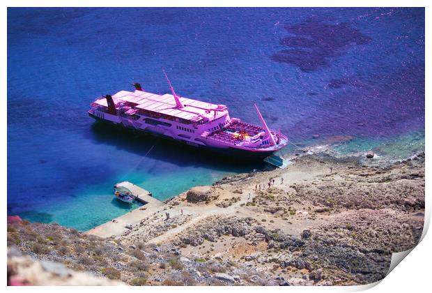 Crete, Greece: A cruise ship docked in Imeri Gramvousa in the small uninhabited islands off the coast of a peninsula also known Gramvousa Peninsula in the regional unit of Chania Print by Arpan Bhatia