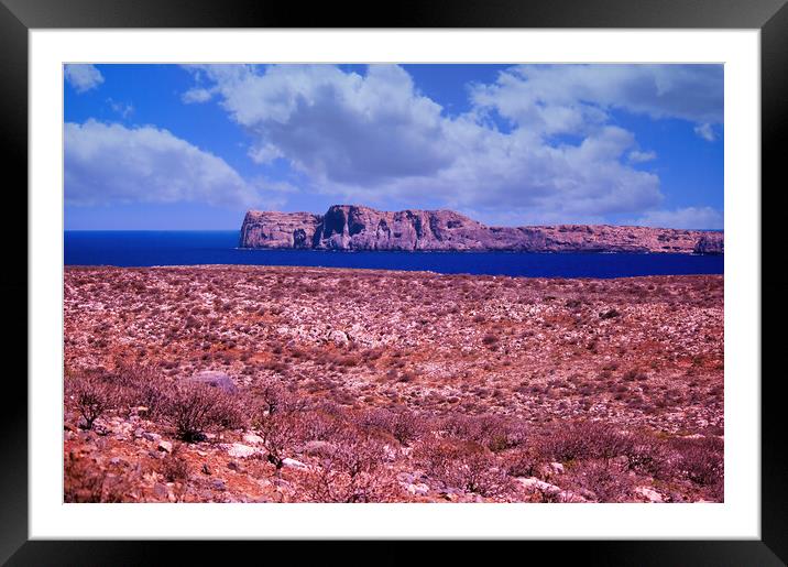 Crete, Greece: Wide angle view of rocky terrain landscape in Mediterranean sea in Imeri Gramvousa which is small uninhabited island in coast of a peninsula also known as Peninsula Framed Mounted Print by Arpan Bhatia