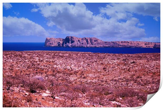 Crete, Greece: Wide angle view of rocky terrain landscape in Mediterranean sea in Imeri Gramvousa which is small uninhabited island in coast of a peninsula also known as Peninsula Print by Arpan Bhatia