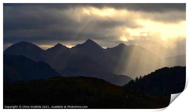 The Five Sisters of Kintail illuminated in light r Print by Chris Drabble