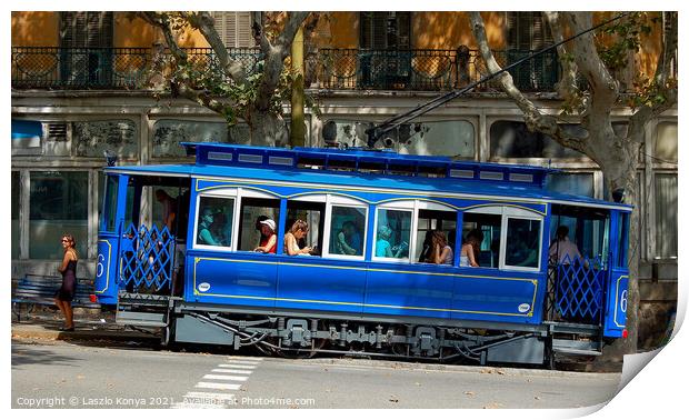 Blue Tram - Barcelona Print by Laszlo Konya