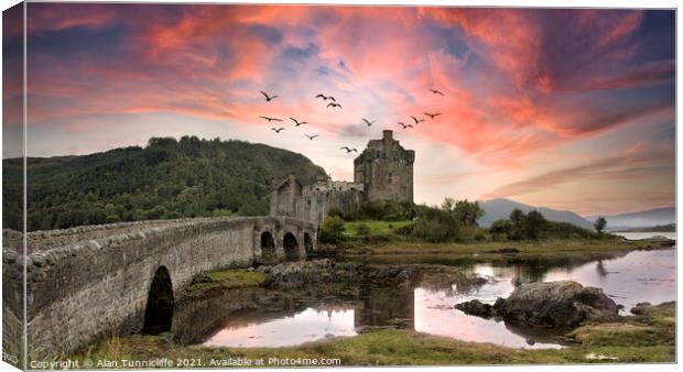 Majestic Eilean Donan Castle at Sunset Canvas Print by Alan Tunnicliffe