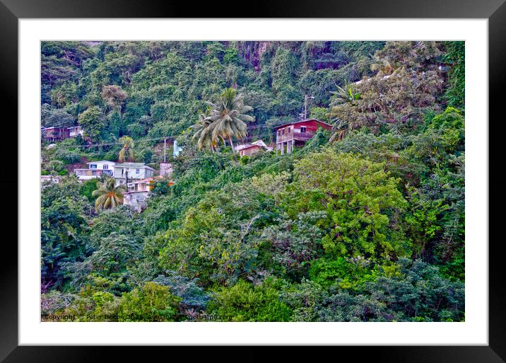Houses on the slopes of a heavily wooded hill, Barbados. Framed Mounted Print by Peter Bolton