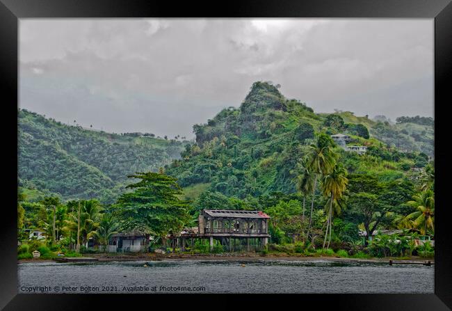 Abandoned huts on the coast, Near Kingstown, St. Vincent. Framed Print by Peter Bolton