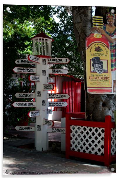 International direction signpost in the centre of Philipsburg, St. Maarten, Caribbean. Acrylic by Peter Bolton