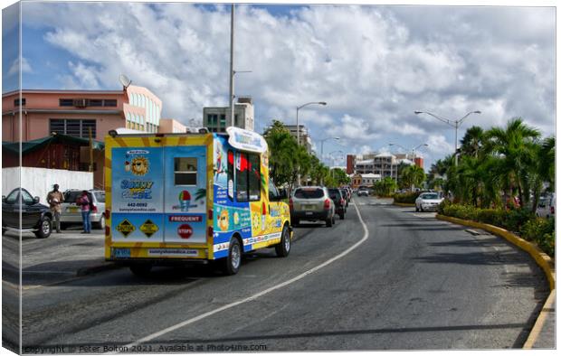 Local ice cream van on Waterfront Drive, Road Town, Tortola, BVI. Canvas Print by Peter Bolton