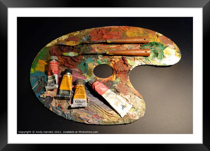 Painter's palette, oil colors and spatulas Framed Mounted Print by Andy Huckleberry Williamson III