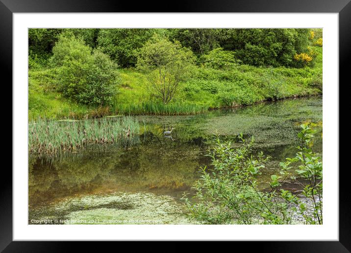 Clydach Upper Pond with a Heron Rhondda Fawr Framed Mounted Print by Nick Jenkins