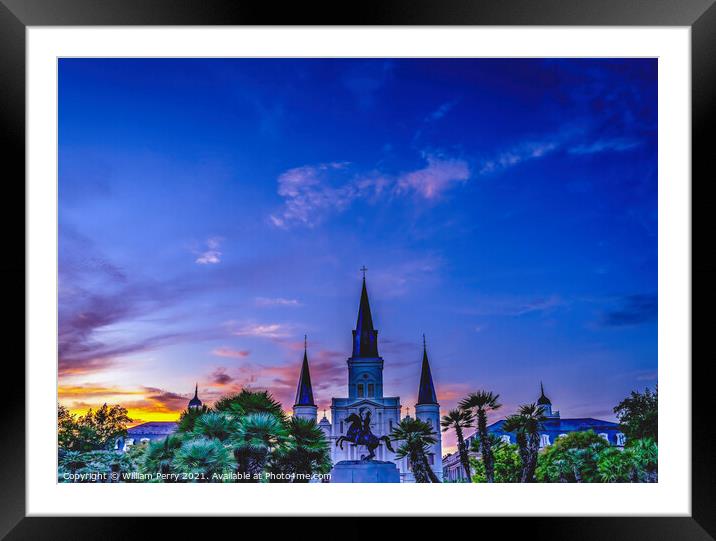 Sunset Jackson Statue Saint Louis Cathedral New Orleans Louisian Framed Mounted Print by William Perry