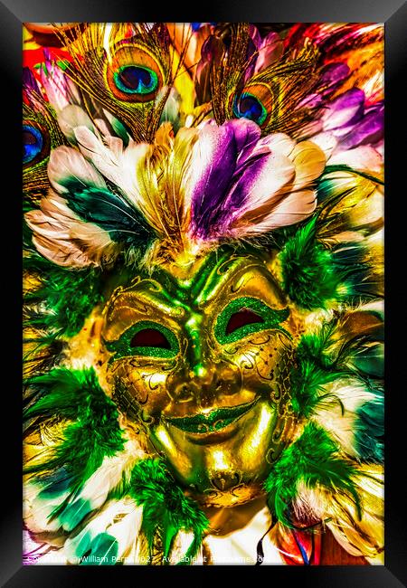 Colorful Green Gold Mask Feathers Mardi Gras New Orleans Louisia Framed Print by William Perry