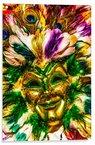 Colorful Green Gold Mask Feathers Mardi Gras New Orleans Louisia Acrylic by William Perry
