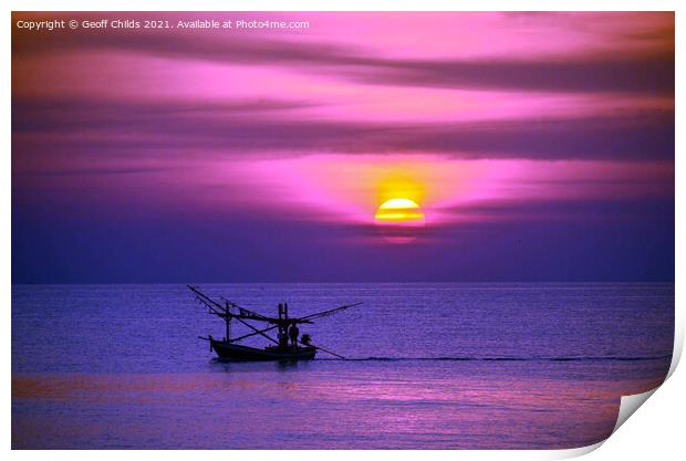  Seascape with fishing boat, Thailand. Print by Geoff Childs