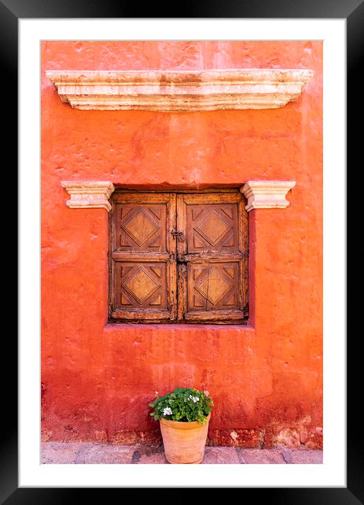 Wooden window shutters, red wall in the Santa Catalina Monastery, Peru Framed Mounted Print by Phil Crean