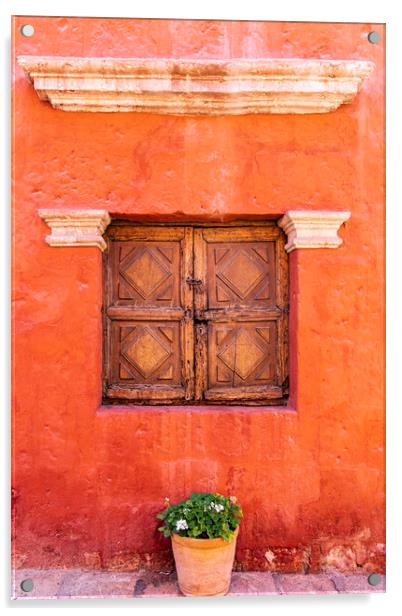 Wooden window shutters, red wall in the Santa Catalina Monastery, Peru Acrylic by Phil Crean