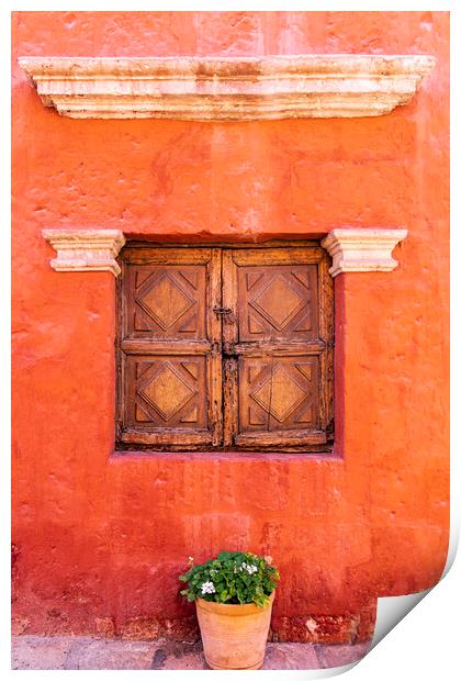 Wooden window shutters, red wall in the Santa Catalina Monastery, Peru Print by Phil Crean