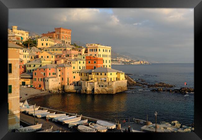 Port of Boccadasse marina in Genoa, Italy Framed Print by Andy Huckleberry Williamson III