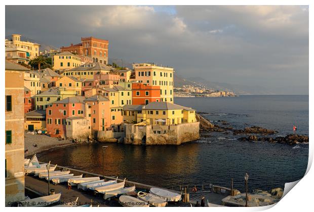 Port of Boccadasse marina in Genoa, Italy Print by Andy Huckleberry Williamson III