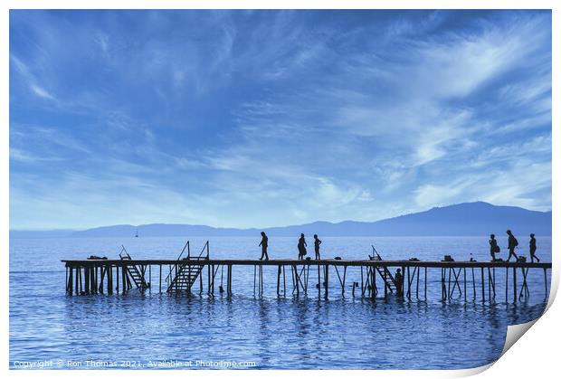 Silhouettes on a Wooden Pier in Corfu. Print by Ron Thomas