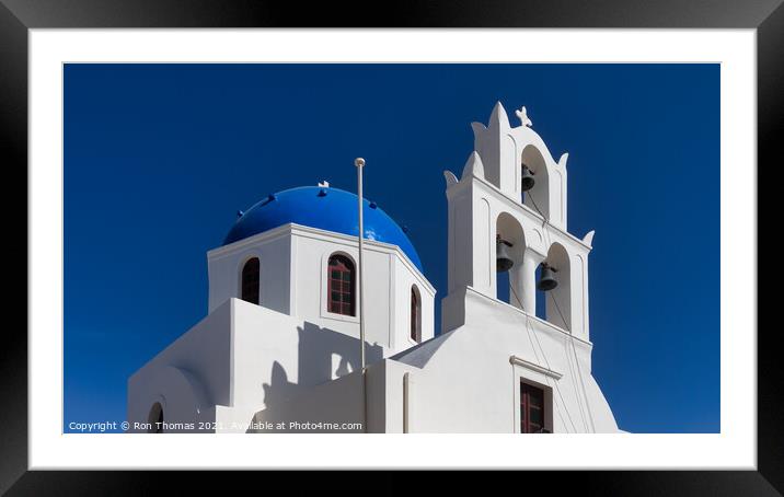 Santorini Church Dome and Bell Tower. Framed Mounted Print by Ron Thomas