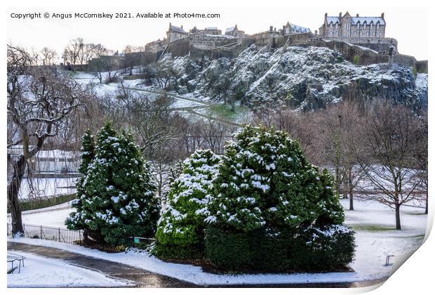 Princes Street Gardens Edinburgh in snow Print by Angus McComiskey