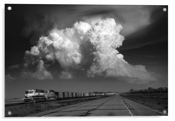 Storm over Freight train, Tornado alley, USA. Acrylic by John Finney