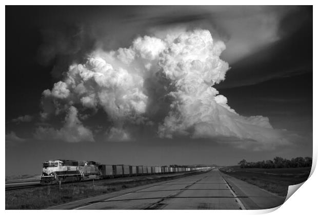 Storm over Freight train, Tornado alley, USA. Print by John Finney