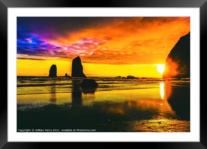 Colorful Sunset Haystack Rock Sea Stacks Canon Beach Oregon Framed Mounted Print by William Perry