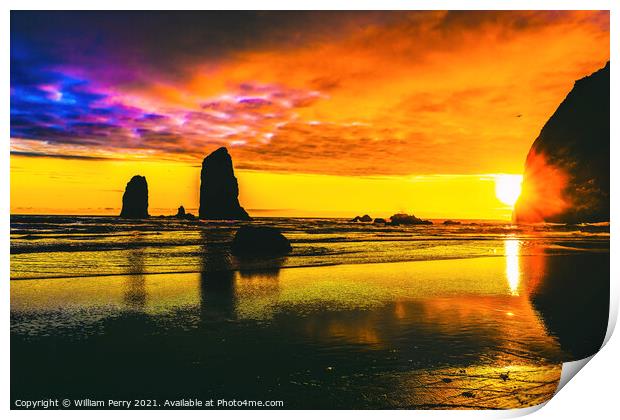 Colorful Sunset Haystack Rock Sea Stacks Canon Beach Oregon Print by William Perry