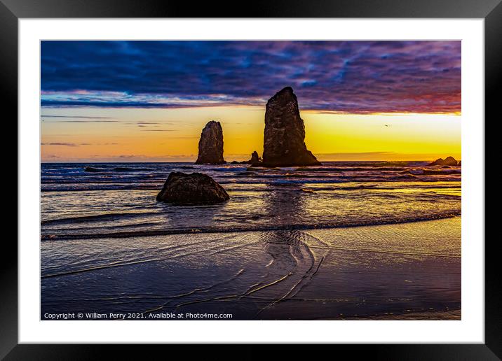 Colorful Sunset Sea Stacks Canon Beach Oregon Framed Mounted Print by William Perry
