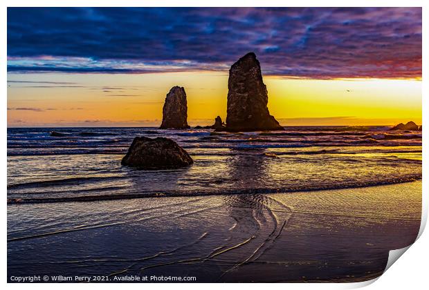 Colorful Sunset Sea Stacks Canon Beach Oregon Print by William Perry