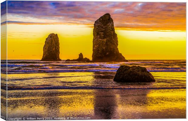 Colorful Sunset Sea Stacks Canon Beach Oregon Canvas Print by William Perry