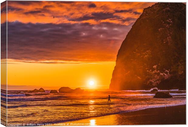 Colorful Sunset Haystack Rock Canon Beach Oregon Canvas Print by William Perry