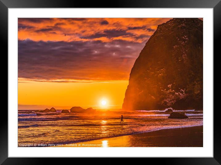 Colorful Sunset Haystack Rock Canon Beach Oregon Framed Mounted Print by William Perry
