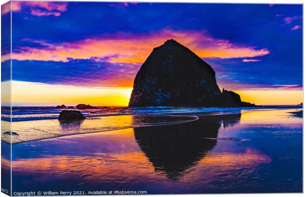 Colorful Sunset Haystack Rock Reflection Canon Beach Oregon Canvas Print by William Perry