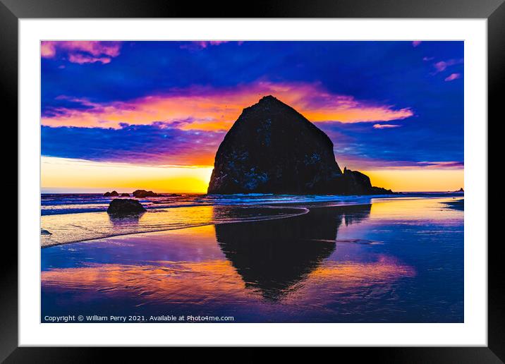 Colorful Sunset Haystack Rock Reflection Canon Beach Oregon Framed Mounted Print by William Perry
