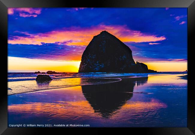 Colorful Sunset Haystack Rock Reflection Canon Beach Oregon Framed Print by William Perry