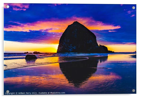 Colorful Sunset Haystack Rock Reflection Canon Beach Oregon Acrylic by William Perry