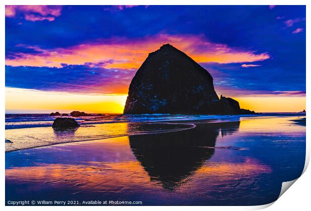 Colorful Sunset Haystack Rock Reflection Canon Beach Oregon Print by William Perry