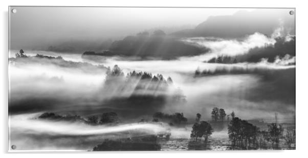 Little Langdale tarn and mist, Cumbria.  Acrylic by John Finney