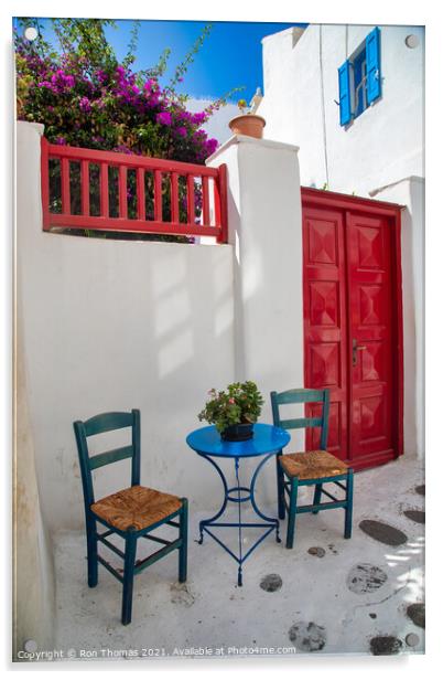 A Table and Two Chairs, Mykonos Town. Acrylic by Ron Thomas