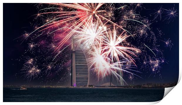 Burj Al Arab Celebrations in Dubai Print by Dave Williams