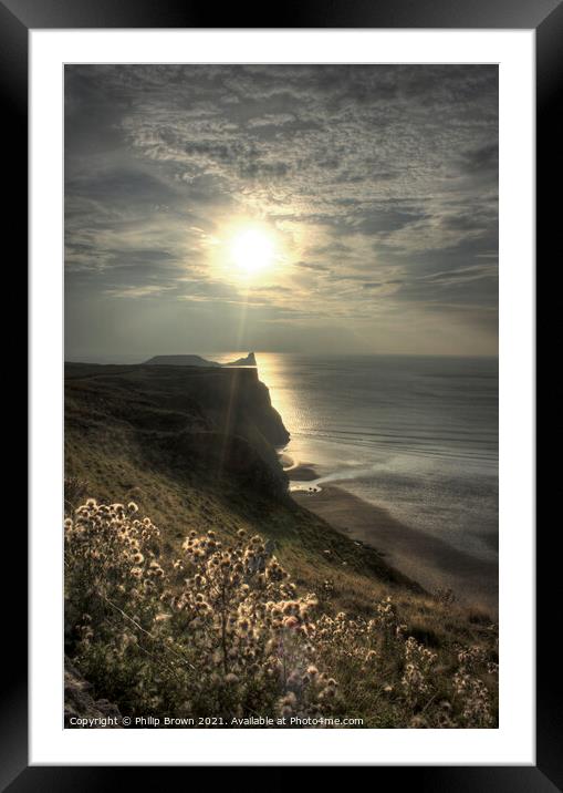 Sun setting across Worms Head, Rhosilli, The Gower Framed Mounted Print by Philip Brown