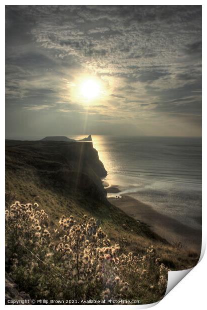 Sun setting across Worms Head, Rhosilli, The Gower Print by Philip Brown