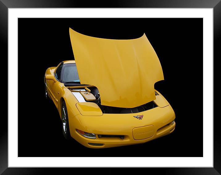 Yellow Corvette on black background Framed Mounted Print by Allan Briggs