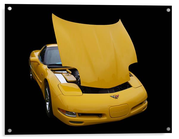Yellow Corvette on black background Acrylic by Allan Briggs
