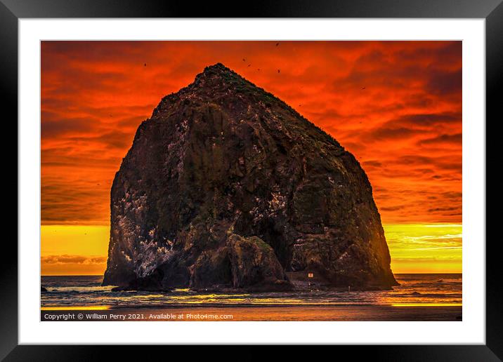 Colorful Sunset Haystack Rock Sea Stack Canon Beach Oregon Framed Mounted Print by William Perry