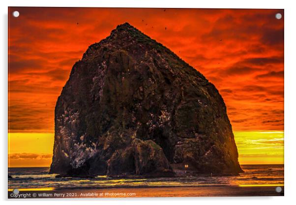 Colorful Sunset Haystack Rock Sea Stack Canon Beach Oregon Acrylic by William Perry