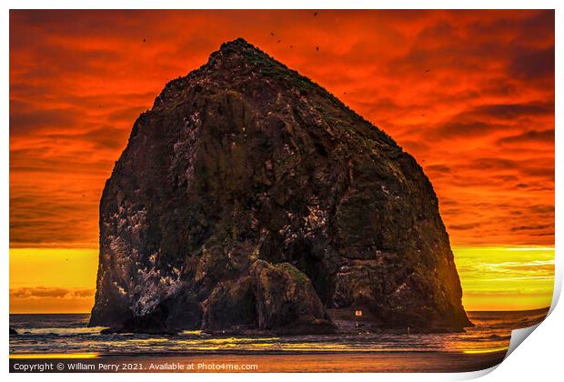 Colorful Sunset Haystack Rock Sea Stack Canon Beach Oregon Print by William Perry